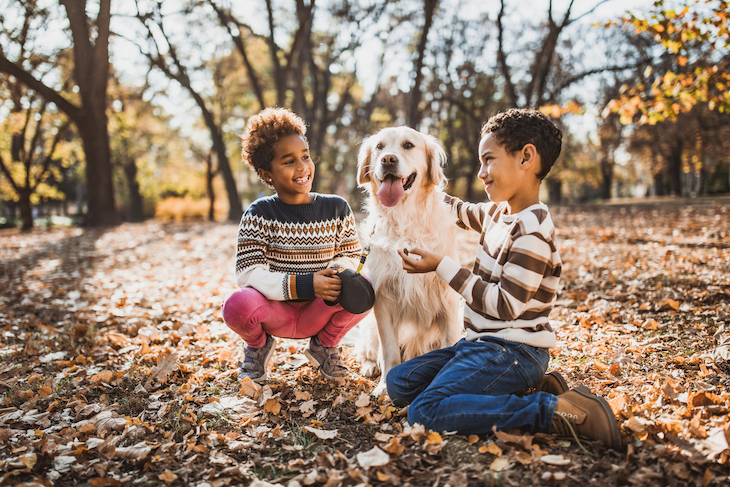 Golden Retriever qui joue avec deux enfants