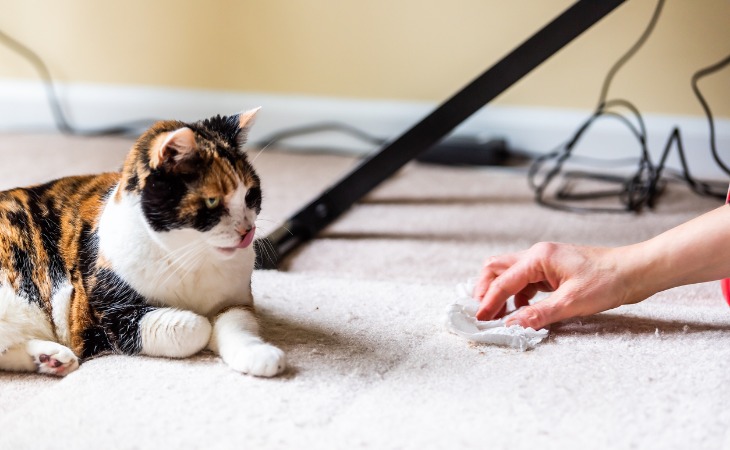 Chat calico qui vient de faire pipi sur la moquette