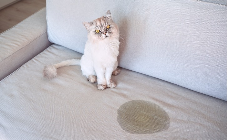 chat à poil long urine sur un canapé