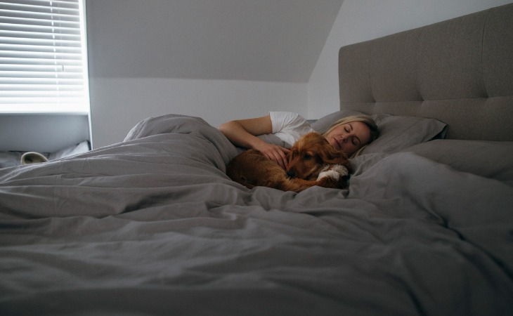 femme dort avec son chien