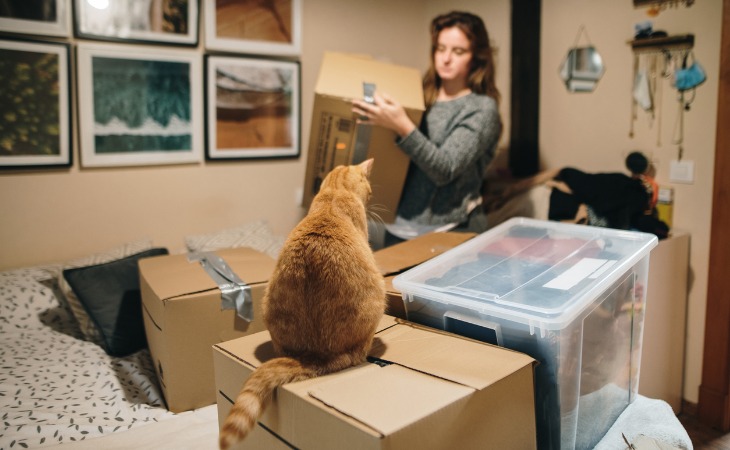 mujer prepara su mudanza con su gato