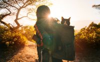 femme en voyage, transportant son chat dans un sac à dos spécial
