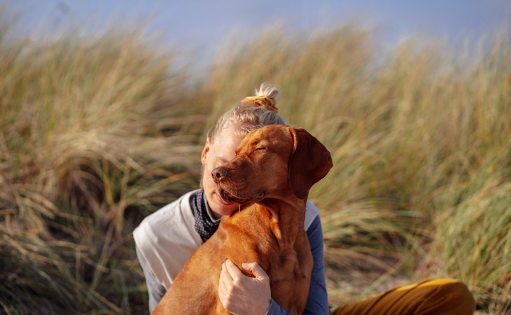 chien et sa propriétaire au soleil sur une place